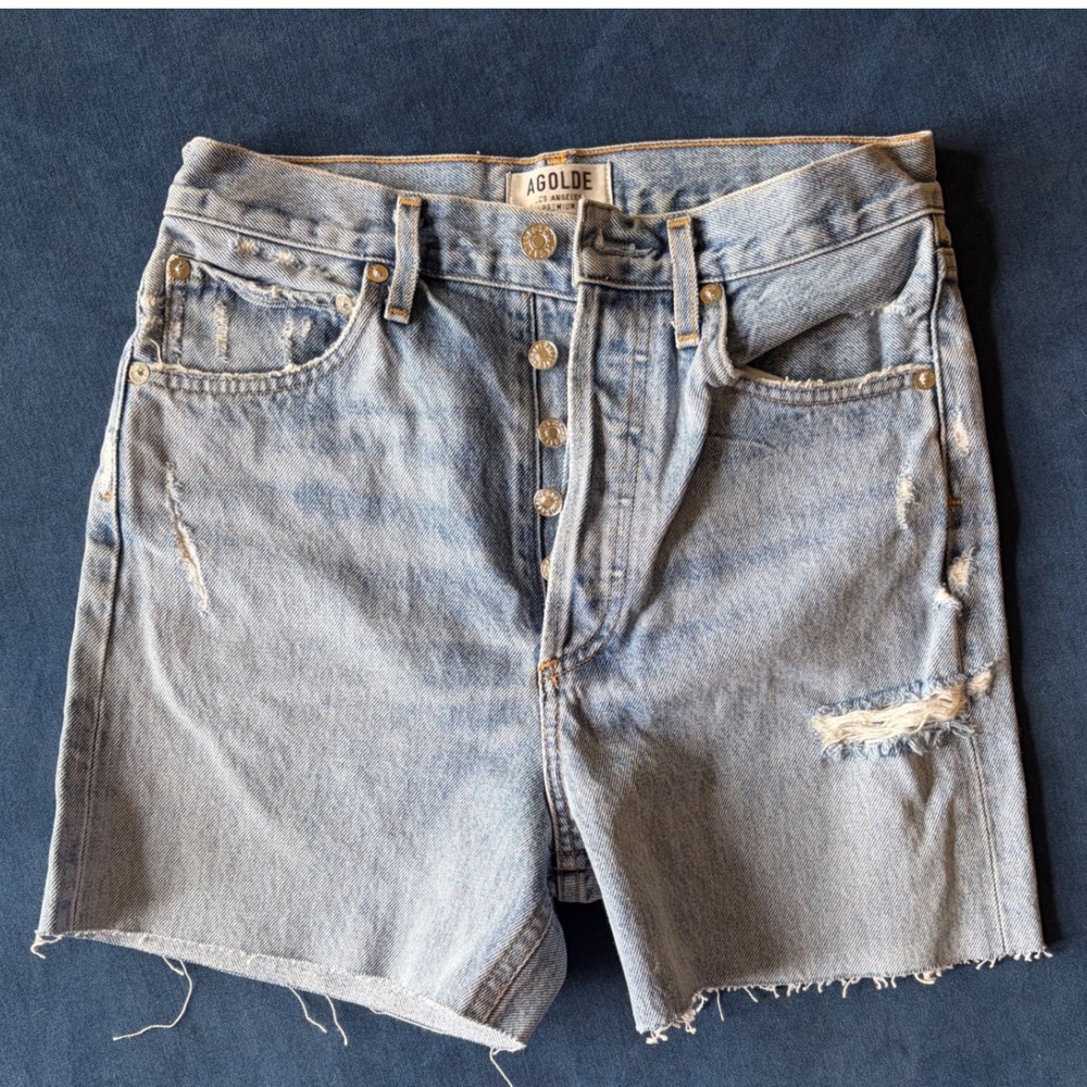 AGOLDE Parker High Rise Distressed Denim Shorts Light Wash Button Fly Size 24